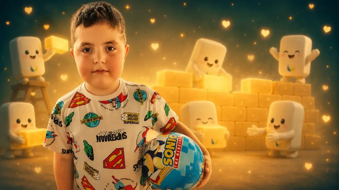 A segített kisfiú a téglafal-építőkkel
